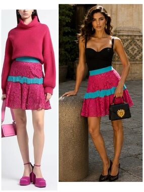 NWT Dolce & Gabbana Fuchsia/ Turquoise Lace Mini Skirt  IT 44 Deconstructed Luxe